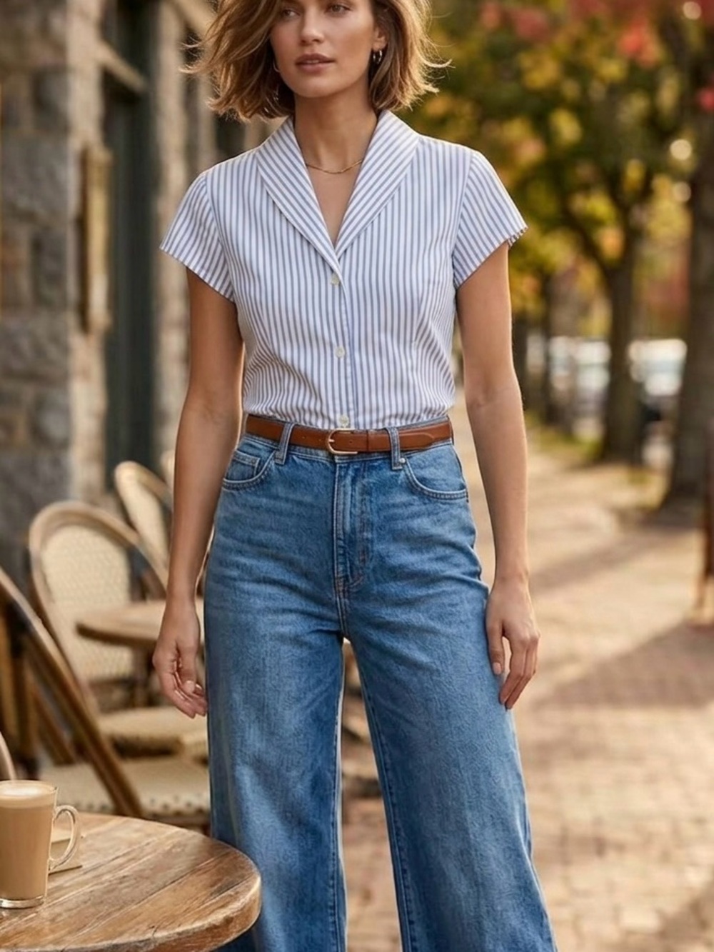 Vintage Coastal Preppy vibe Blue/White Striped Shawl Collar Blouse, Cap Sleeve S